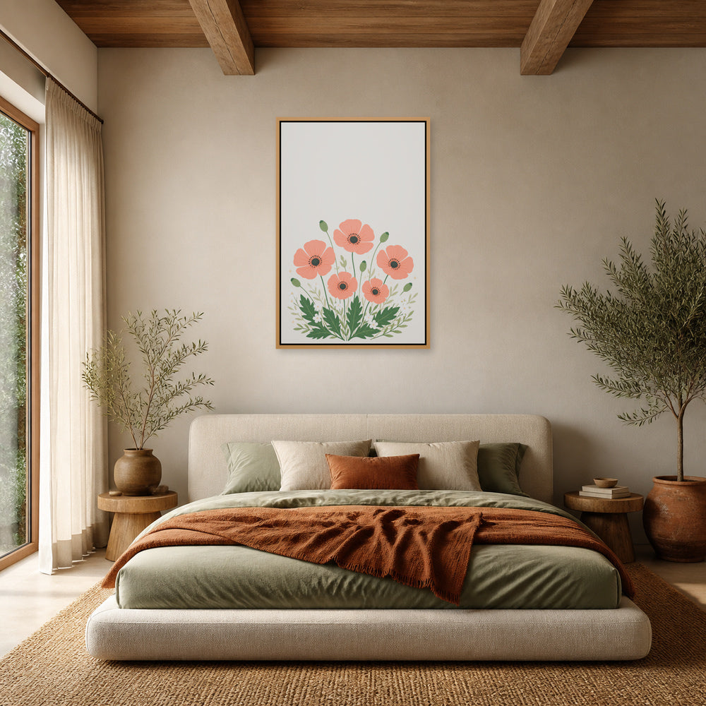 Five Coral Poppies Botanical Floating Frame Wall Art - 04_warm_oak_wall_scene