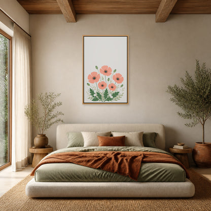 Five Coral Poppies Botanical Floating Frame Wall Art - 04_warm_oak_wall_scene