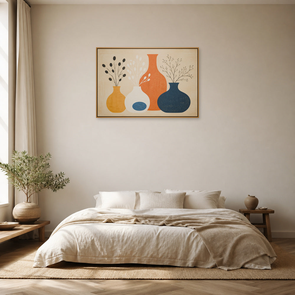 Mid Century Botanical Vases Floating Frame Wall Art - 04_warm_oak_wall_scene