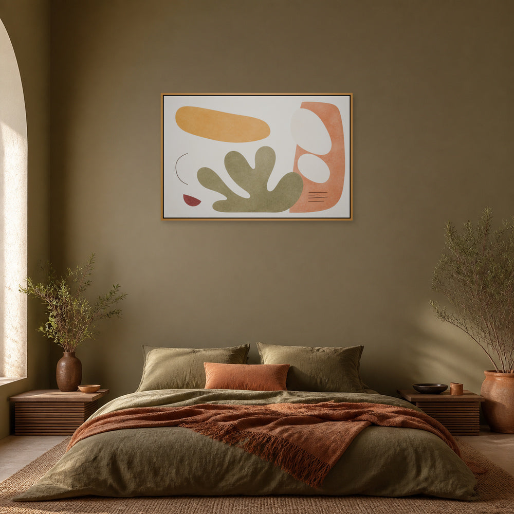 Soft Mid Century Organic Geometric Floating Frame Wall Art - 04_warm_oak_wall_scene