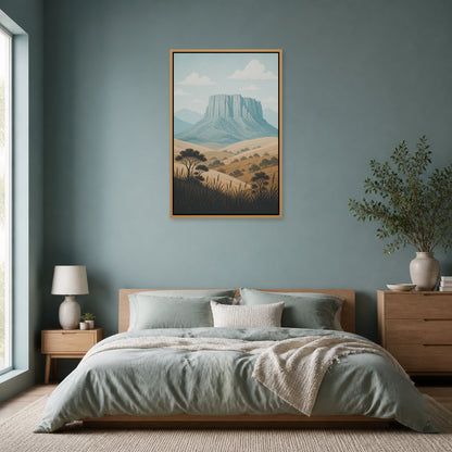 Blue Green Mesa Landscape Floating Frame Wall Art - 04_warm_oak_wall_scene