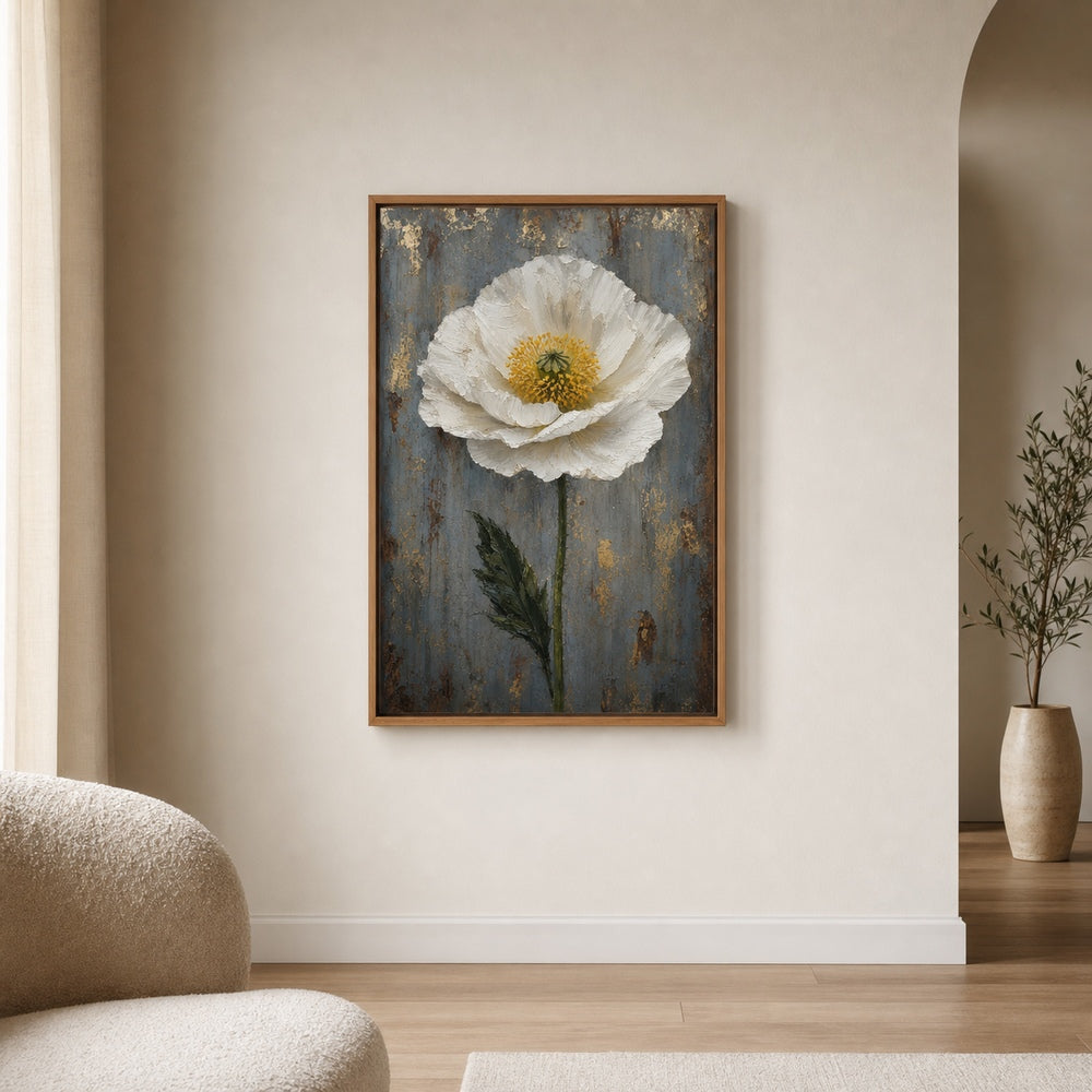 White Poppy Weathered Blue Wall Art floating frame wall art - 04