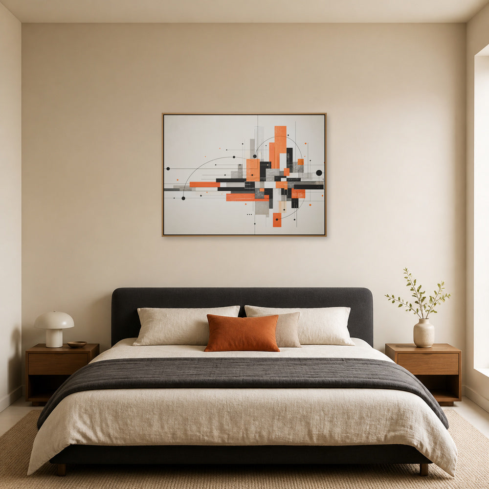 Modernist Geometric City Grid Floating Frame Wall Art - 04_warm_oak_wall_scene