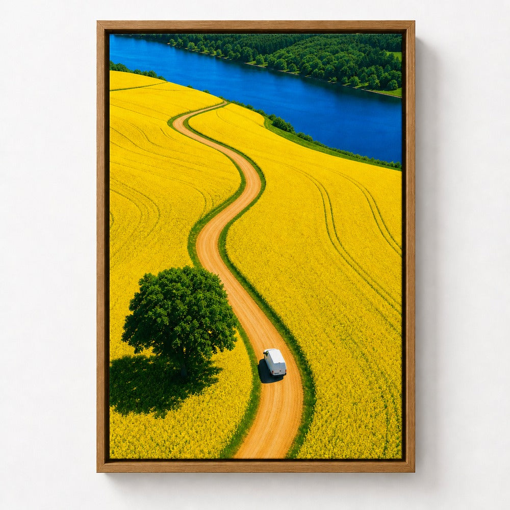 White Van Through Golden Fields Floater Frame Canvas Wall Art — room scene in a brown floater frame