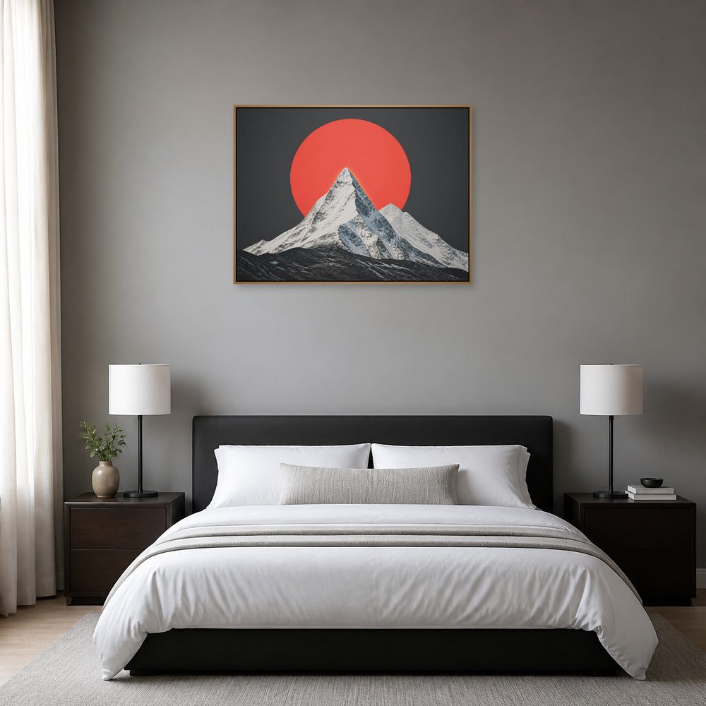 Red Sun Snow Mountain Floating Frame Wall Art - 04_warm_oak_wall_scene
