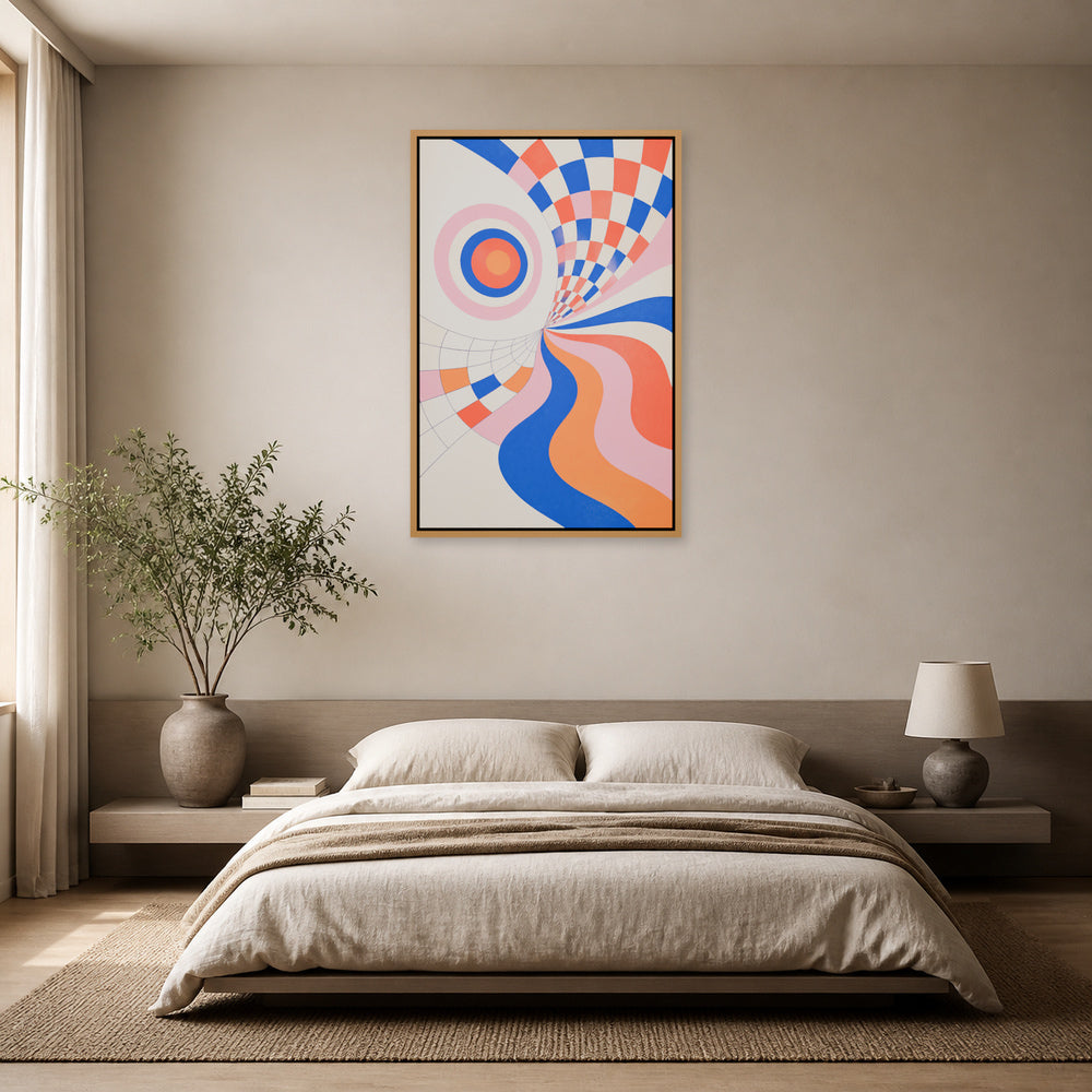 Colorful Optical Illusion Geometric Floating Frame Wall Art - 04_warm_oak_wall_scene