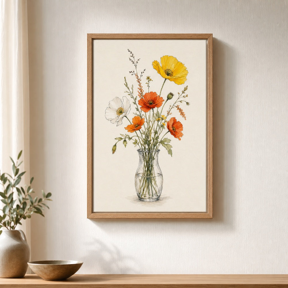 Wildflowers Glass Vase Minimal Watercolor Wall Art floating frame wall art - 04
