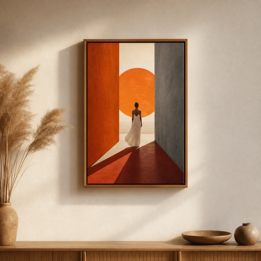 Woman White Dress Orange Sun Corridor Wall Art floating frame wall art - 04