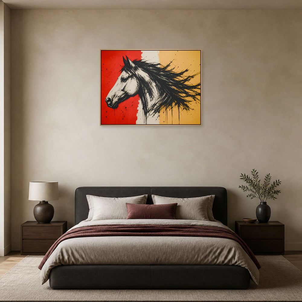 Left Facing Horse Brushstroke Floating Frame Wall Art - 04_warm_oak_wall_scene