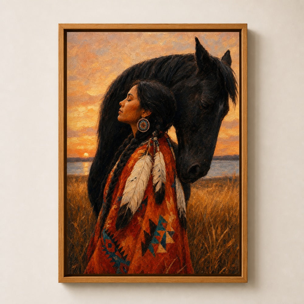 Indigenous Woman and Black Horse Wall Art floating frame wall art - 04