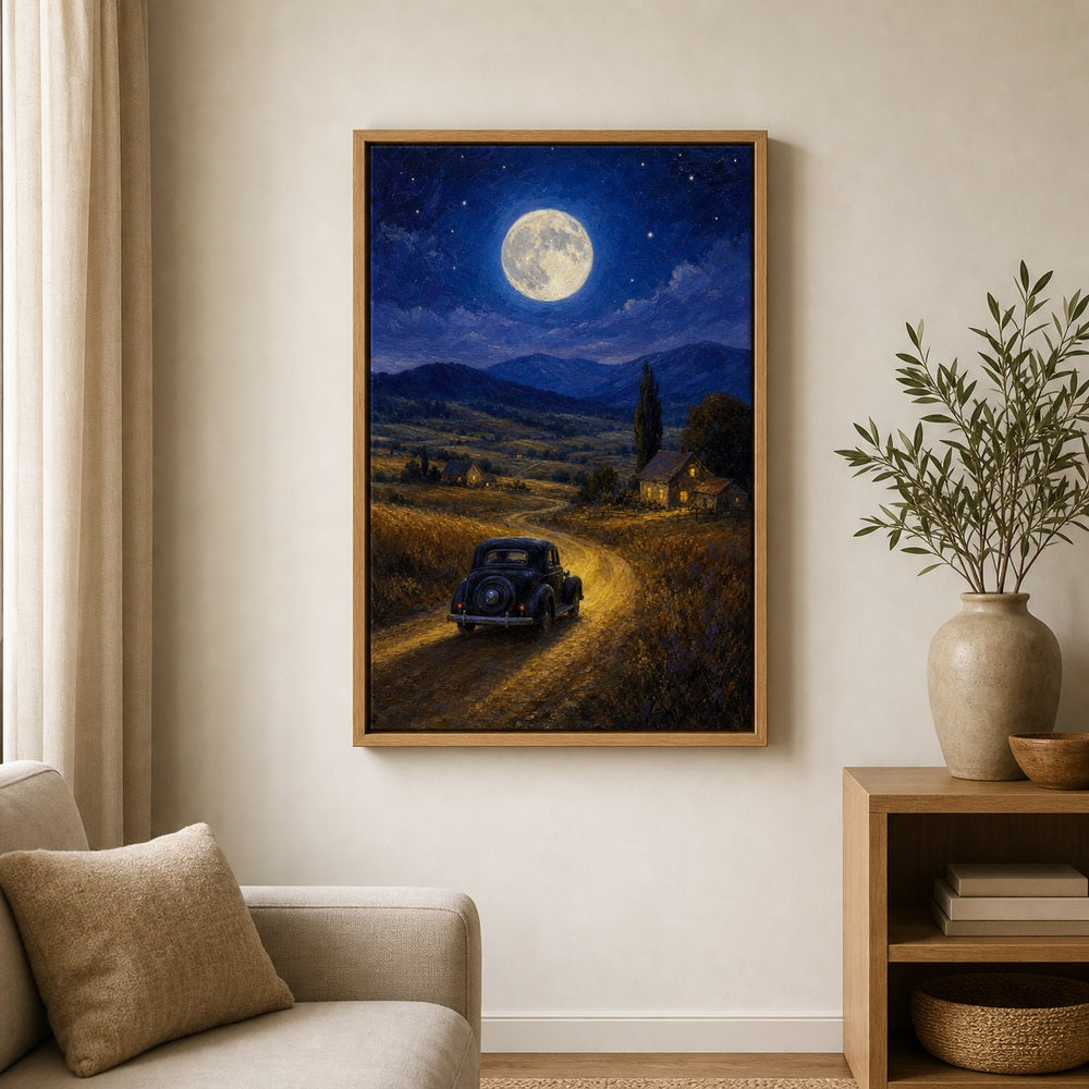 Country Night Full Moon Vintage Car Wall Art floating frame wall art - 04
