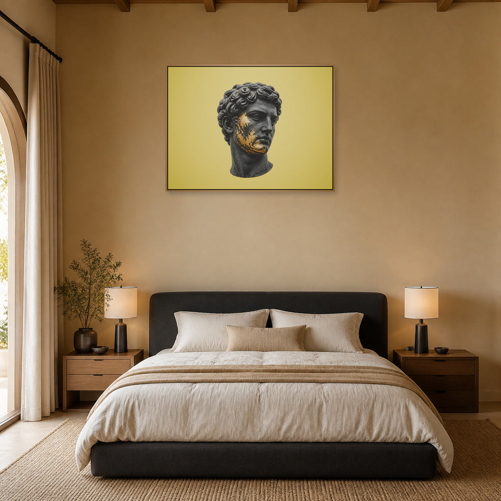 Gold Patina Classical Sculpture Floating Frame Wall Art - 04_warm_oak_wall_scene