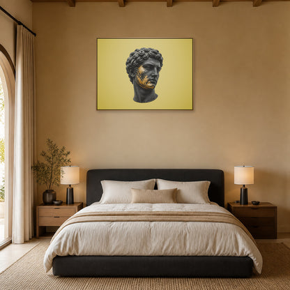 Gold Patina Classical Sculpture Floating Frame Wall Art - 04_warm_oak_wall_scene