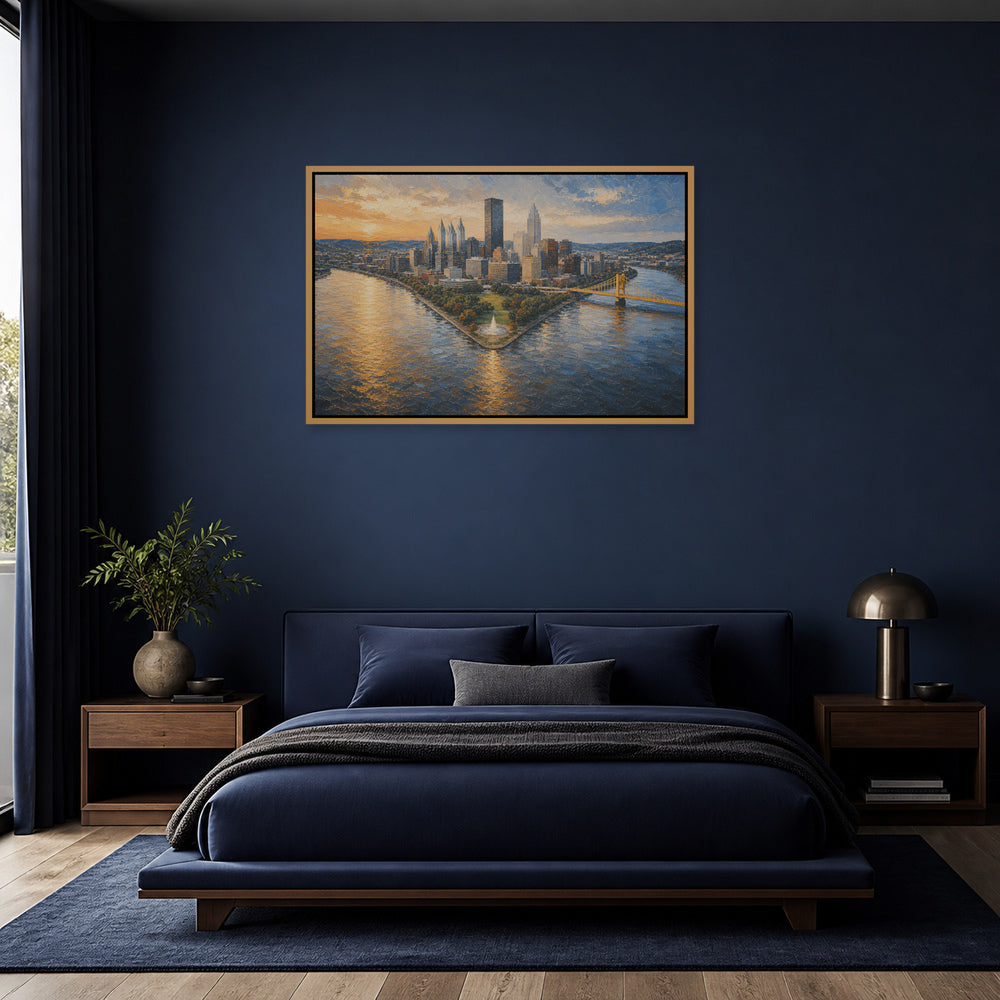 Pittsburgh Three Rivers Skyline Floating Frame Wall Art - 04_warm_oak_wall_scene