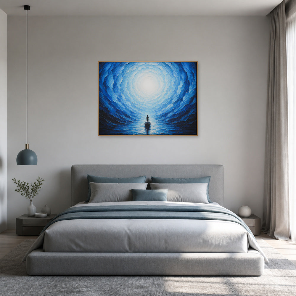 Blue Vortex Boat Journey Floating Frame Wall Art - 04_warm_oak_wall_scene