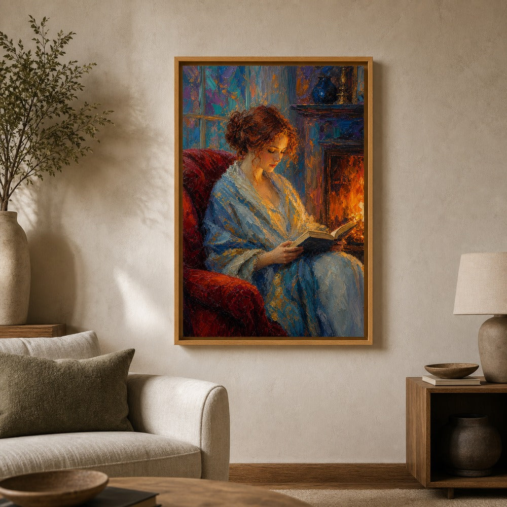 Reading Woman Fireplace Impasto Wall Art floating frame wall art - 04