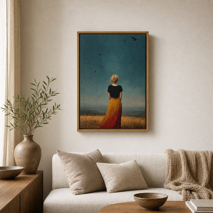 Blonde Woman Gold Grass Teal Sky Wall Art floating frame wall art - 04
