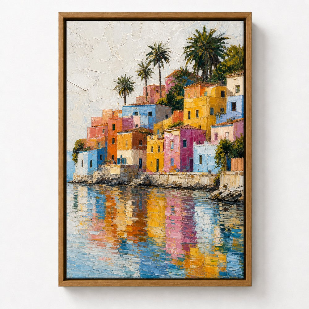 Colorful Mediterranean Coastal Village Floater Frame Canvas Wall Art — room scene in a brown floater frame