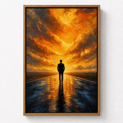 Solitary Man on Golden Horizon Floater Frame Canvas Wall Art — room scene in a brown floater frame