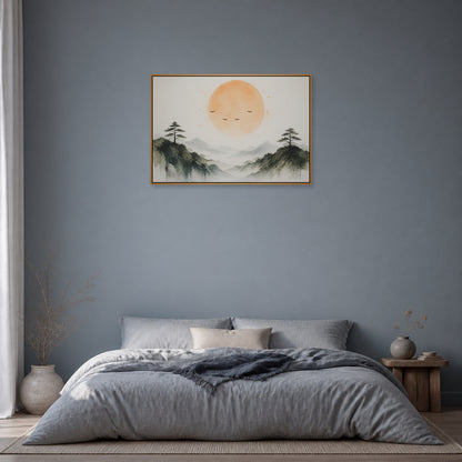 Amber Sun Pine Mountain Watercolor Floating Frame Wall Art - 04_warm_oak_wall_scene