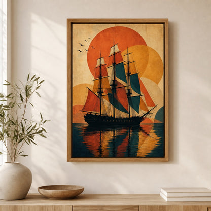 Black Three Mast Ship Retro Vector Wall Art floating frame wall art - 04
