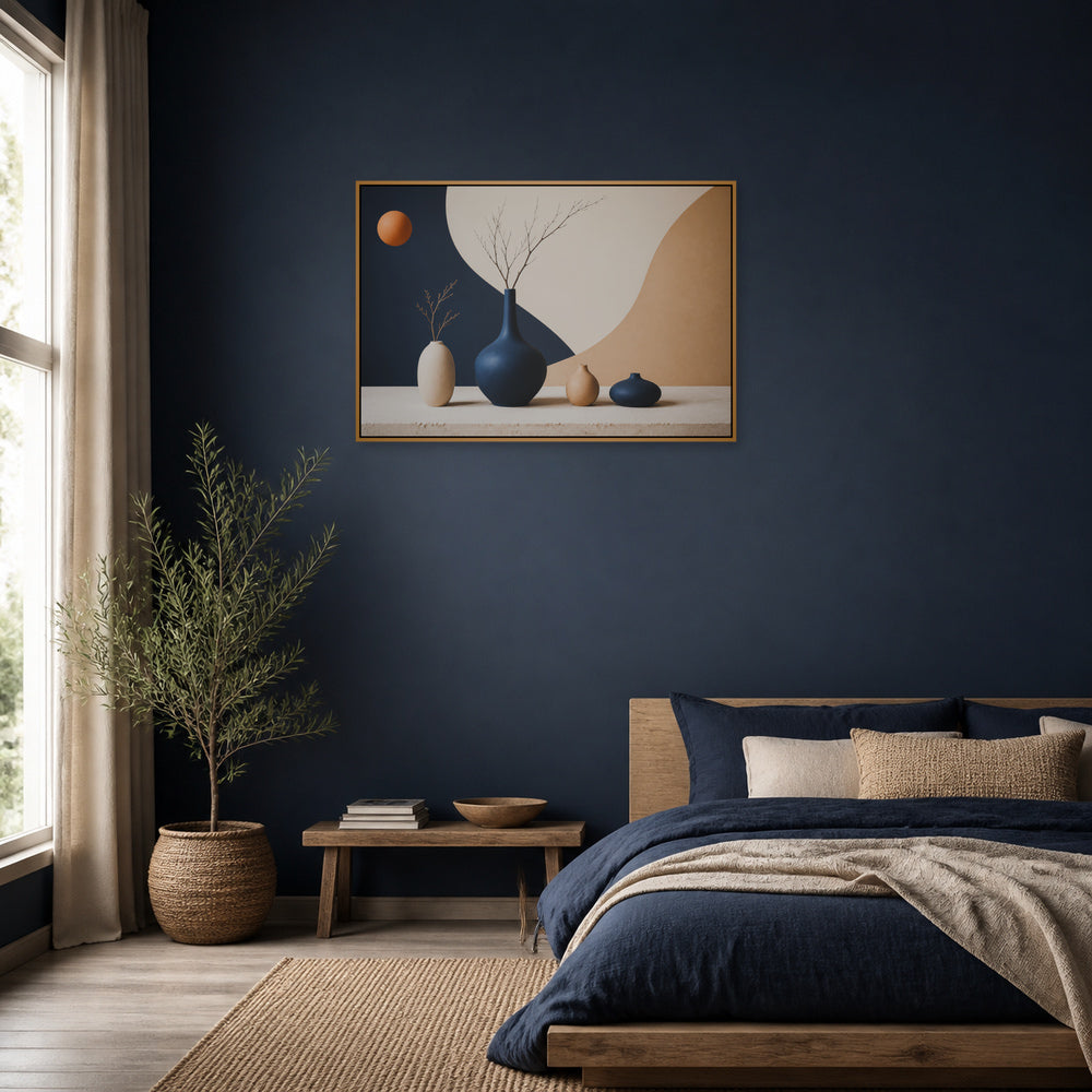 Modernist Ceramic Vase Still Life Floating Frame Wall Art - 04_warm_oak_wall_scene