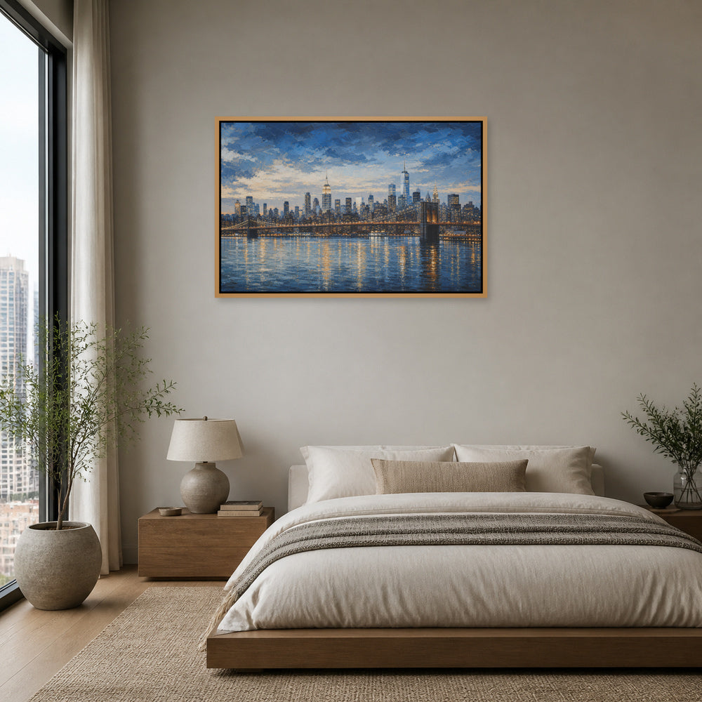 New York Blue Hour Skyline Floating Frame Wall Art - 04_warm_oak_wall_scene