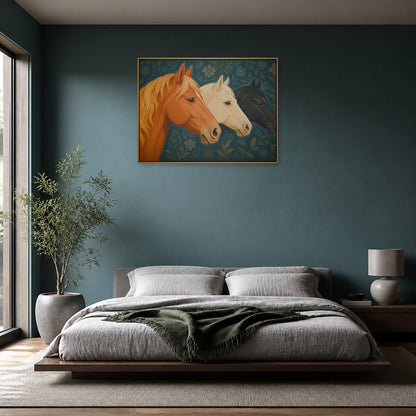Three Horse Heads Brocade Floating Frame Wall Art - 04_warm_oak_wall_scene