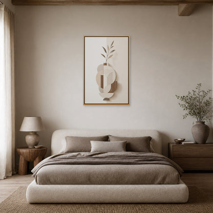 Earth Tone Geometric Vase Collage Floating Frame Wall Art - 04_warm_oak_wall_scene
