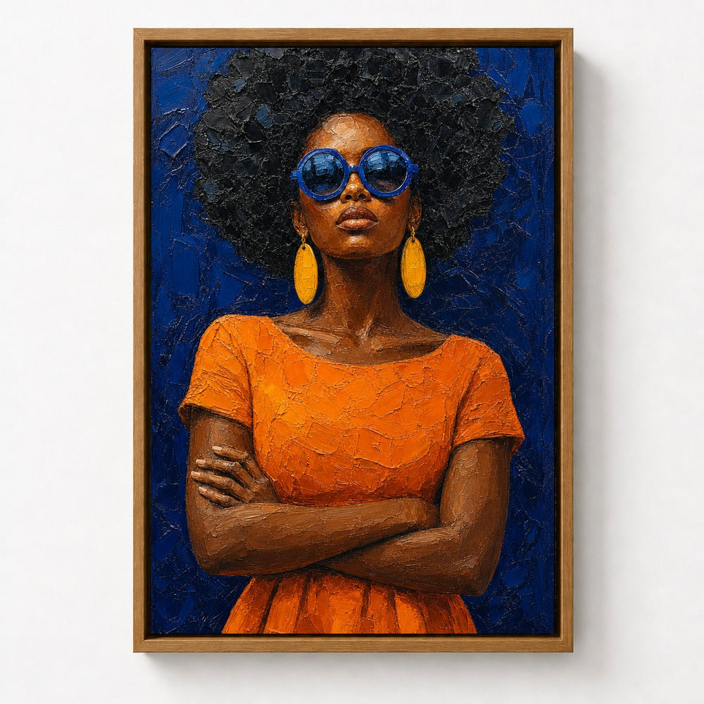Confident Woman with Blue Sunglasses Floater Frame Canvas Wall Art — room scene in a brown floater frame