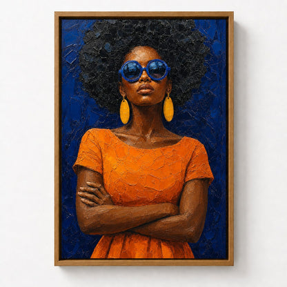 Confident Woman with Blue Sunglasses Floater Frame Canvas Wall Art — room scene in a brown floater frame
