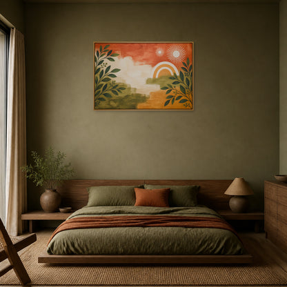 Boho Botanical Suns Floating Frame Wall Art - 04_warm_oak_wall_scene