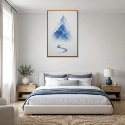 Blue Ink Wash Mountain Floating Frame Wall Art - 04_warm_oak_wall_scene