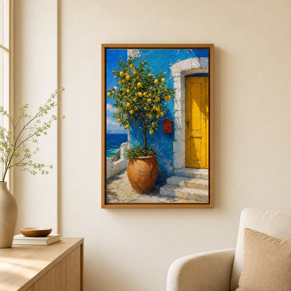 Mediterranean Blue House Lemon Tree Wall Art floating frame wall art - 04