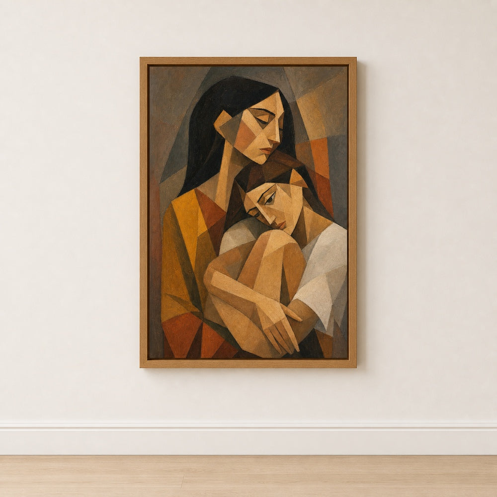 Cubist Two Women Embrace Earthtone Wall Art floating frame wall art - 04