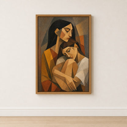Cubist Two Women Embrace Earthtone Wall Art floating frame wall art - 04
