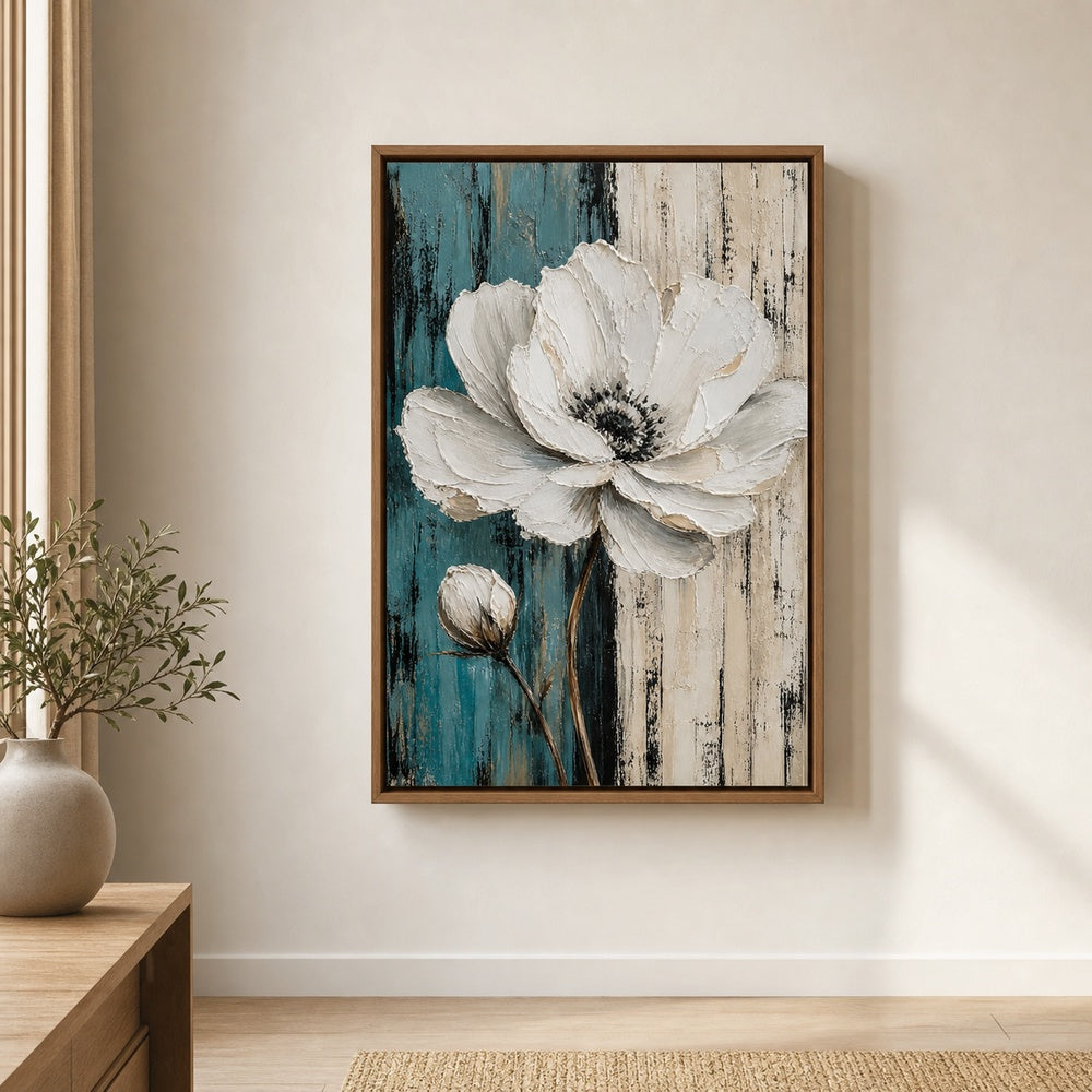 White Flower Blue Beige Stripes Wall Art floating frame wall art - 04