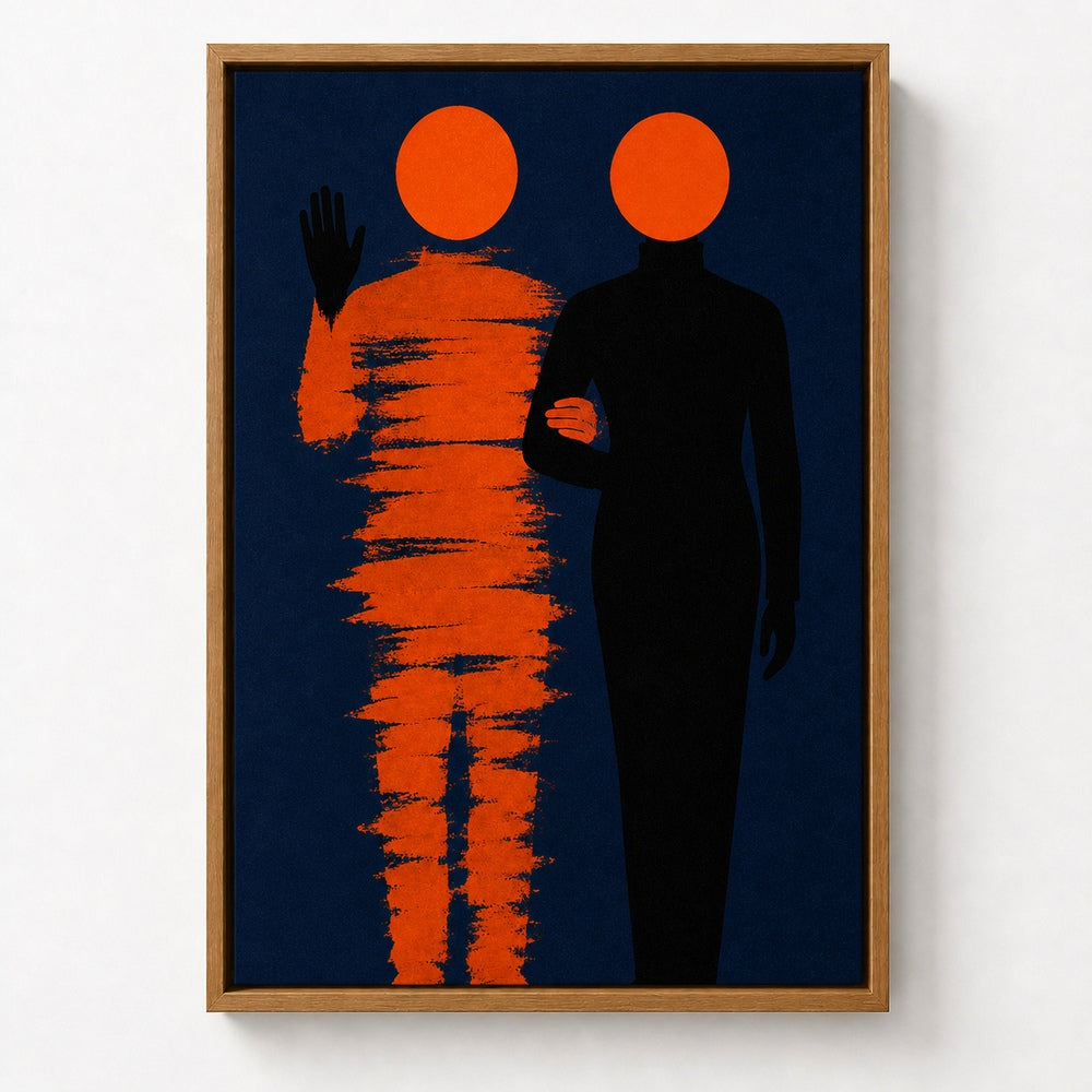 Orange Circle Minimalist Figures Floater Frame Canvas Wall Art — room scene in a brown floater frame