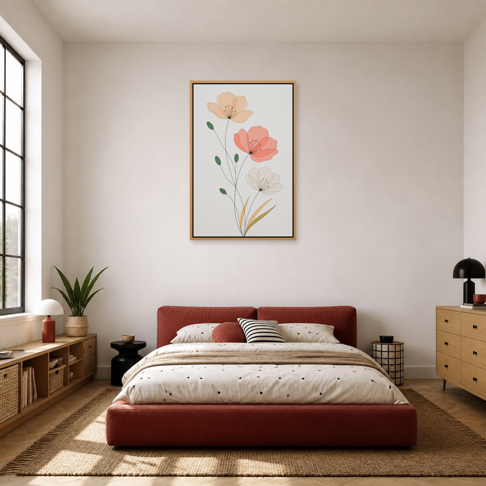 Minimalist Three Flowers Line Art Floating Frame Wall Art - 04_warm_oak_wall_scene