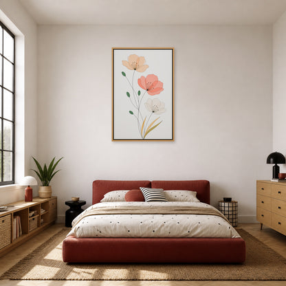Minimalist Three Flowers Line Art Floating Frame Wall Art - 04_warm_oak_wall_scene