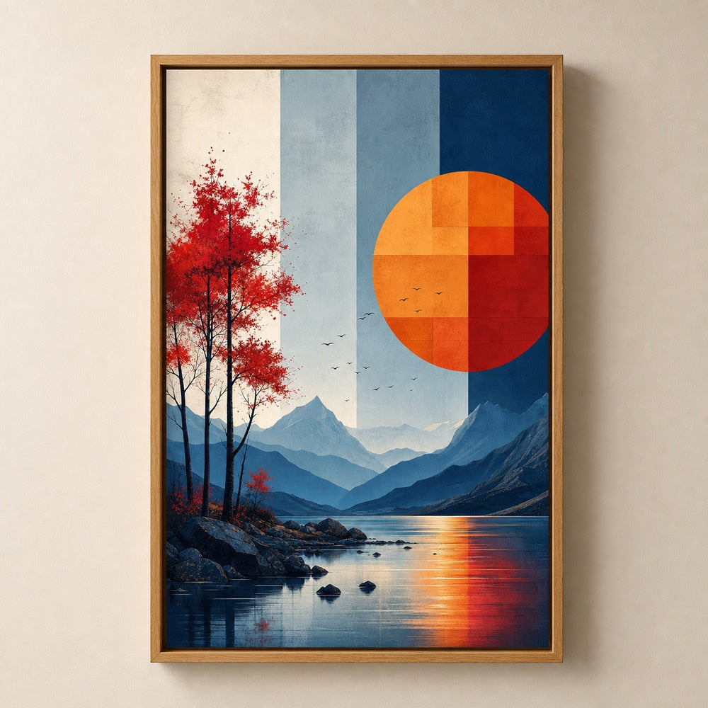 Geometric Sun Moon Mountains Lake Birds Wall Art floating frame wall art - 04