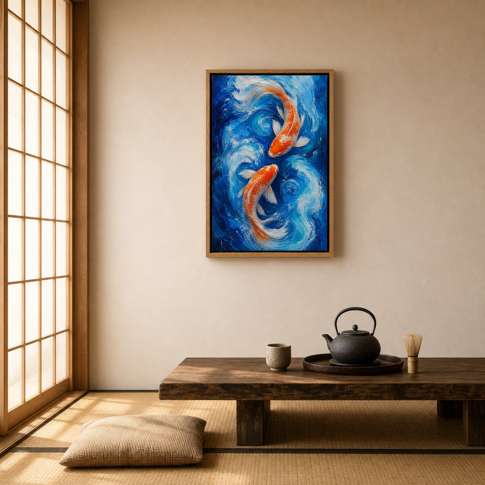 Two Koi in Blue Swirling Water Wall Art - 04_warm_oak_diverse_wall_scene