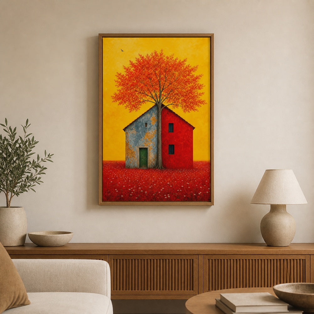 Split House Tree Yellow Sky Wall Art floating frame wall art - 04