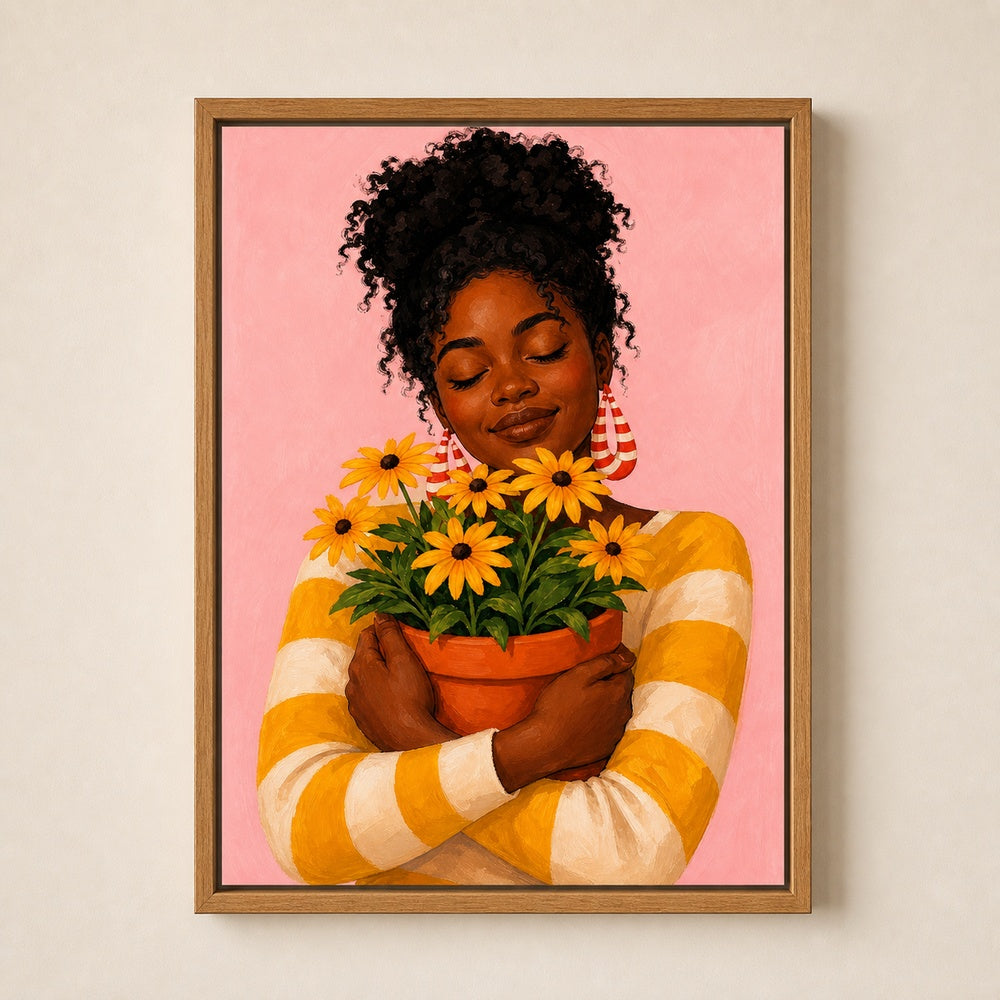 Black Woman Hugging Flower Pot Wall Art floating frame wall art - 04
