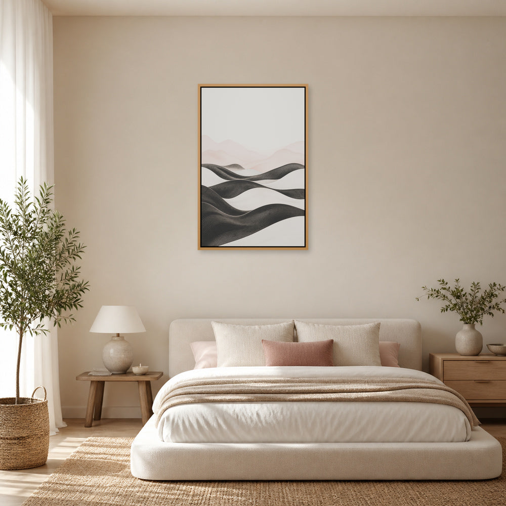 Linear Dunes Minimalist Floating Frame Wall Art - 04_warm_oak_wall_scene