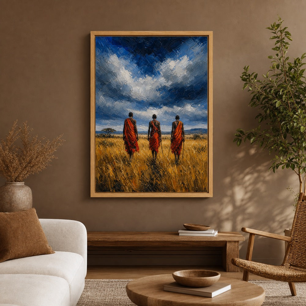 Masai Men Orange Shuka Storm Sky Wall Art floating frame wall art - 04
