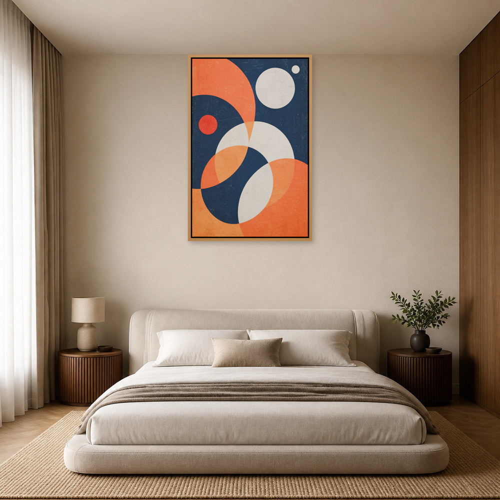 Navy Bauhaus Orbit Abstract Floating Frame Wall Art - 04_warm_oak_wall_scene
