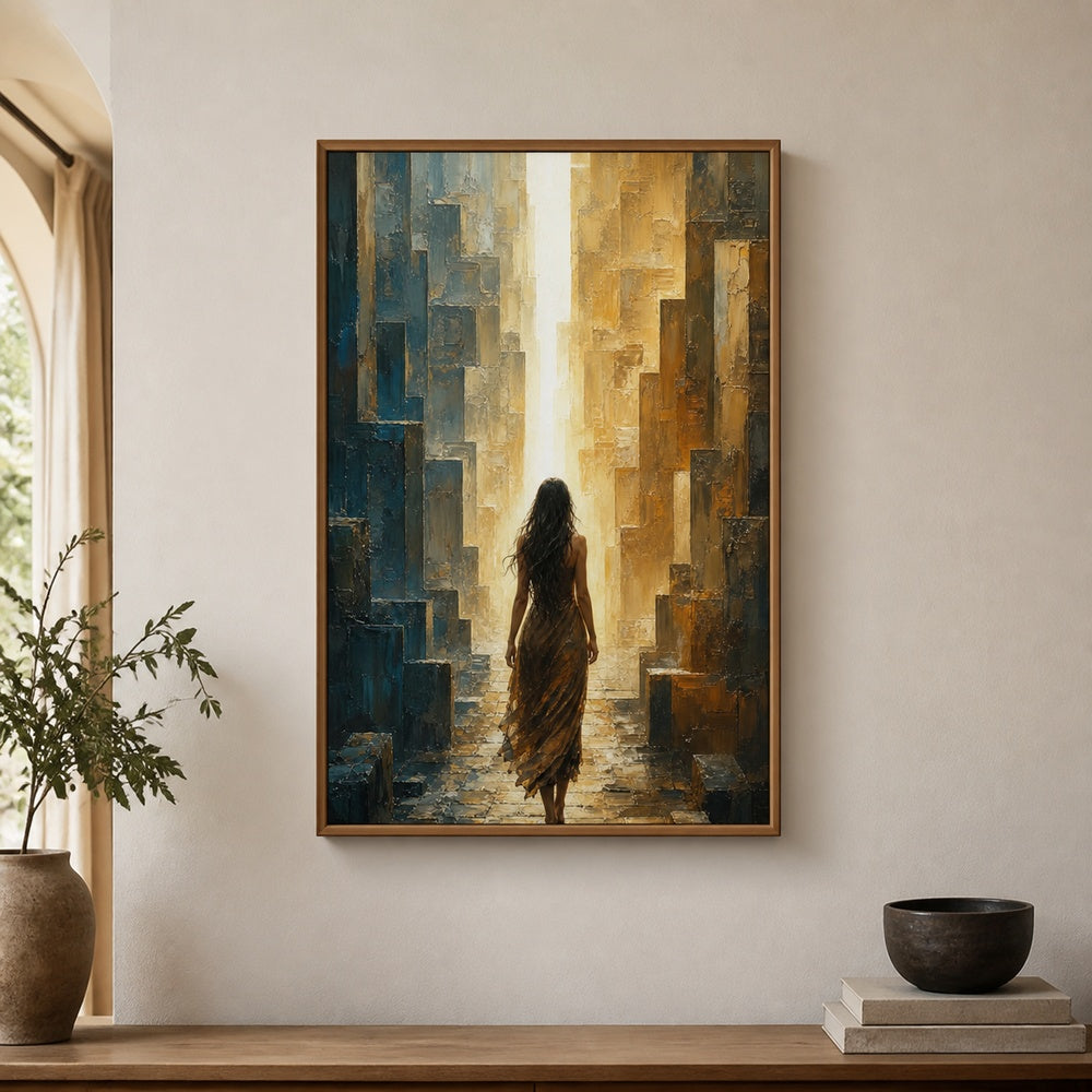 Woman Walking To Vertical Light Maze Wall Art floating frame wall art - 04