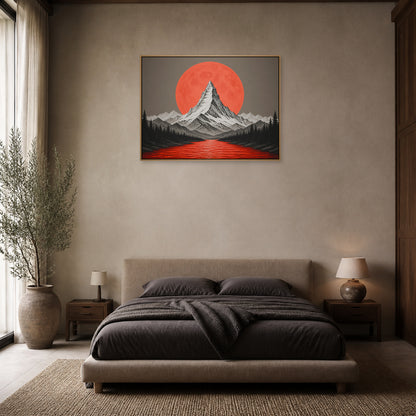 Orange Moon Red River Mountain Floating Frame Wall Art - 04_warm_oak_wall_scene