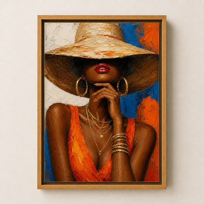 Black Woman Hat Orange Fashion Impasto Wall Art floating frame wall art - 04